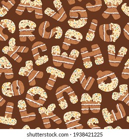 Seamless pattern with sweet ABC alphabet. Birthday cake with chocolate icing and sprinkling. Vector brown sponge cake with cream cut out english letters on a chocolate background