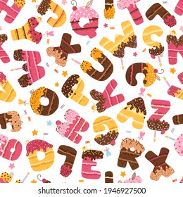 Seamless pattern with sweet ABC alphabet. Birthday cake with chocolate icing and decorations. Vector multicolored sponge cake with cream, cut out english letters on a white background