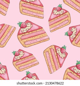 Seamless pattern of sweet baked vector isolated cakes. Raspberry cake for holiday. Colorful birthday celebration cake bakery with fruit. Vector watercolor pattern