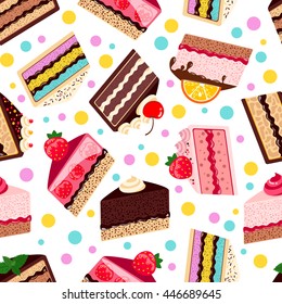 seamless pattern of sweet baked vector isolated cakes set.Strawberry cake for holiday,  baked brown chocolate cake for gourmet, colorful birthday celebration cherry cake bakery with fruit. Vector