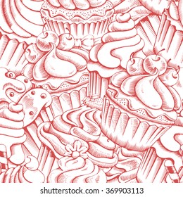 Seamless pattern of sweet bakery decorated cupcakes hand drawn in vintage engraved style. Vector illustration. 