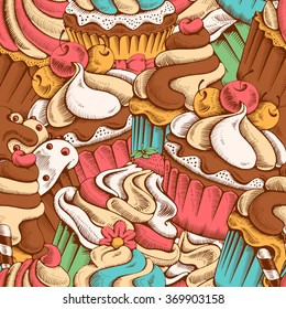 Patrón inmaculado de pastelería dulce decorada con quequitos dibujados a mano en un estilo grabado vintage. Ilustración vectorial. 