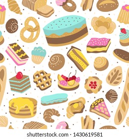 Seamless pattern with sweet bakery products. Background with cakes and desserts