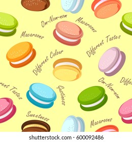 Seamless pattern of sweet baking colorful colored macaroni on yellow background