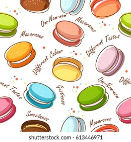 Seamless pattern of sweet baking colorful colored macaroni on white background