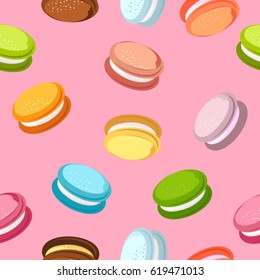 Seamless pattern of sweet baking colorful colored macaroni on pink background