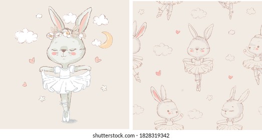 Seamless pattern with the sweet ballerina bunny illustration vector for print design and other uses.. Can be used for t-shirt print, kids wear fashion design, baby shower invitation card