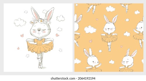 Seamless pattern with the sweet ballerina bunny illustration vector for print design and other uses.. Can be used for t-shirt print, kids wear fashion design, baby shower invitation card