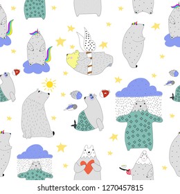 Seamless pattern. Sweet bears in simple style. Transparent background. Vector