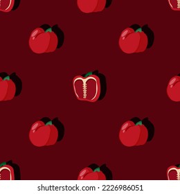 Seamless pattern with sweet bell pepper and slice of pepper. Red peper background. Wallpaper and fabric print.