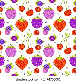 Seamless pattern of sweet berries in doodle style isolated on white background. Cute background with strawberry, cherry, raspberry, blackberry and blueberry. Vector backdrop for fabric, textile print