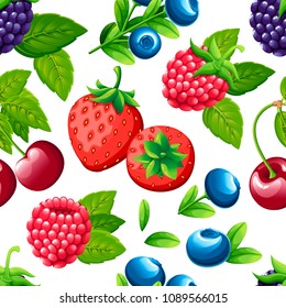 Seamless pattern of sweet berries. Illustration with strawberry, cherry, raspberry, blackberry and blueberry. Berries with green leaves. Vector illustration for decorative poster.