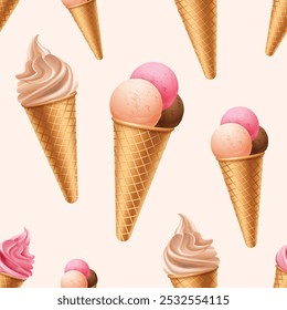 Seamless pattern sweet berry, vanilla, chocolate ice cream cones. Vector illustartion
