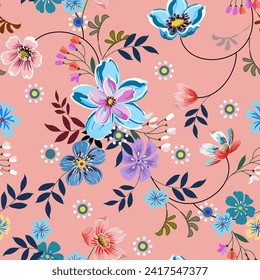 Impresiones florales azules y dulces sobre un fondo rosa claro y romántico para tela y papel pintado. papel de envoltura de regalo