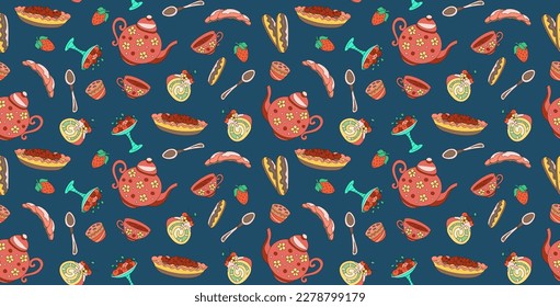 Seamless pattern of sweet breakfast concept on blue background. Cartoon drawn teapot, cup, spoon, croissant, sweet dessert and cherry in doodle style. Vector design for wallpaper, printing, poster.