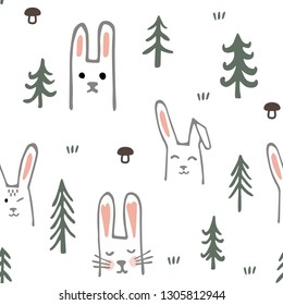 Seamless pattern with sweet bunnies and trees. Cartoon forest. Childish texture. Vector Illustration
