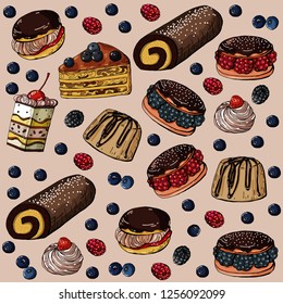 Seamless pattern with sweet cakes and berries on a sandy background, vector illustration