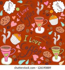 Seamless pattern with sweet cakes, coffee and other cute things "I love coffee"/ orange.