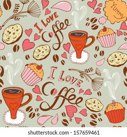 Seamless pattern with sweet cakes, coffee and other cute things "I love coffee".