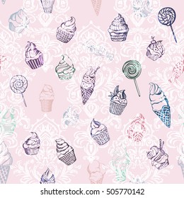 Seamless pattern with sweet cakes, ice cream and other cute things. Damask ornament. Background. vector illustration