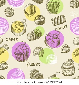 Seamless pattern with sweet cakes and sweets. Vector illustration for your design