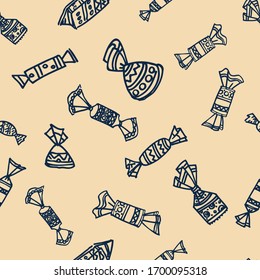 Seamless pattern. Sweet candies arranged in random order. Design for packaging, paper, textile, fabric, candy bar. Line art in freehand drawing style. Doodle illustration. Vector.