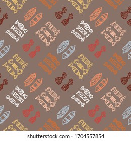 Seamless pattern. Sweet candies arranged in random order. Design for packaging, paper, textile, fabric, candy bar. Line art in freehand drawing style. Doodle illustration. Vector.