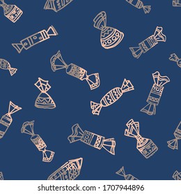 Seamless pattern. Sweet candies arranged in random order. Design for packaging, paper, textile, fabric, candy bar. Line art in freehand drawing style. Doodle illustration. Vector.