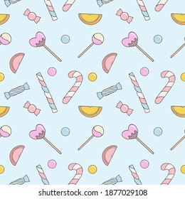 Patrón sin foco con dulces y ollipops. antecedentes para el día de San Valentín. Papel de escritorio para costura, impresión en textiles. Hermoso papel de envoltura. Cubre un cuaderno.