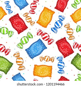 Seamless pattern of sweet candies. Vector illustration of colorful candies with abstract dot elements. 