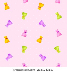 Seamless pattern sweet candy colorful flat. Pink background dot hand drawn purple yellow green gift wrapping paper print festive fun kid cute design banner store textile decorative postcard cover