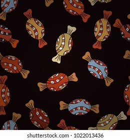 Seamless pattern of sweet candy on black, orange and beige colors. Vector illustration.