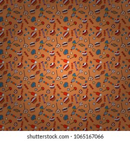 Seamless pattern of sweet candy on orange, white and black colors. Vector illustration.