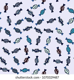 Seamless pattern of sweet candy on gray, blue and black colors. Vector illustration.