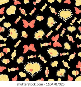 Seamless pattern of sweet candy on black, orange and red colors. Vector illustration.