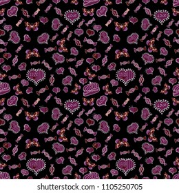 Seamless pattern of sweet candy on black, purple and brown colors. Vector illustration.