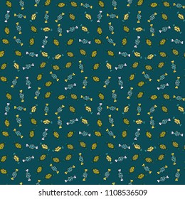 Seamless pattern of sweet candy on blue, green and black colors. Vector illustration.
