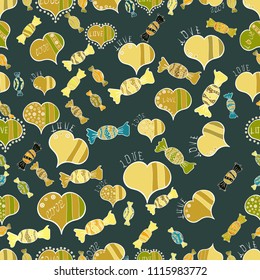 Seamless pattern of sweet candy on green, yellow and white colors. Vector illustration.