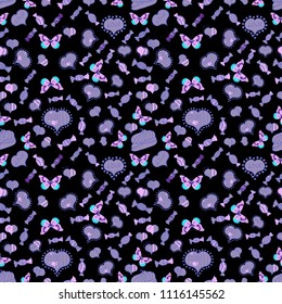 Seamless pattern of sweet candy on black, neutral and blue colors. Vector illustration.