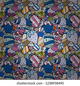Seamless pattern of sweet candy on neutral, black and blue colors. Vector illustration.