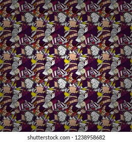 Seamless pattern of sweet candy on black, purple and white colors. Vector illustration.