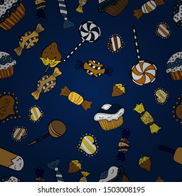 Seamless pattern of sweet candy on black, blue and white colors. Vector illustration.