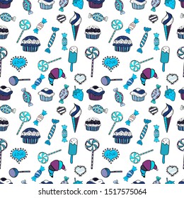 Seamless pattern of sweet candy on black, white and blue colors. Vector illustration.