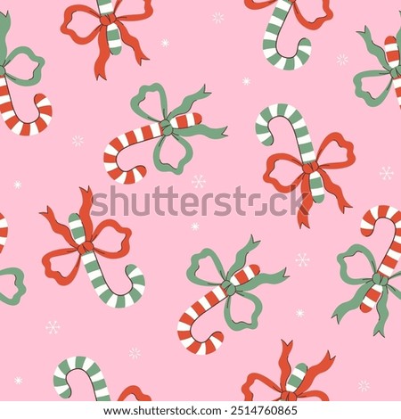 Seamless pattern with sweet canes with bows. Vector graphics.