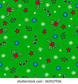 Seamless pattern with sweet canes, stars, herbs, berries.