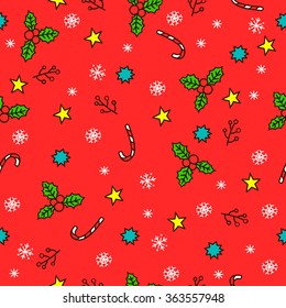 Seamless pattern with sweet canes, stars, herbs, berries.
