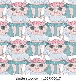 Seamless pattern with sweet cartoon cats with flower on the head. Animal background with cat.
