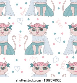 Seamless pattern with sweet cartoon cats with flower on the head. Animal background with cat.