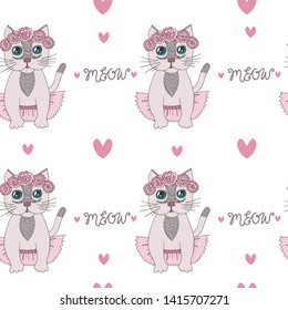 Seamless pattern with sweet cartoon cats with flower on the head. Animal background with cat.