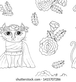 Seamless pattern with sweet cartoon cats with flower on the head. Animal background with cat.